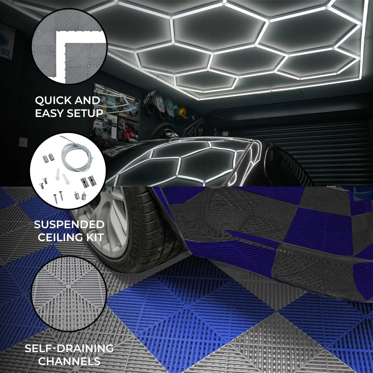 Hexagon LED lights illuminate a garage with grey and blue vented floor tiles, showcasing a sleek car and easy setup features