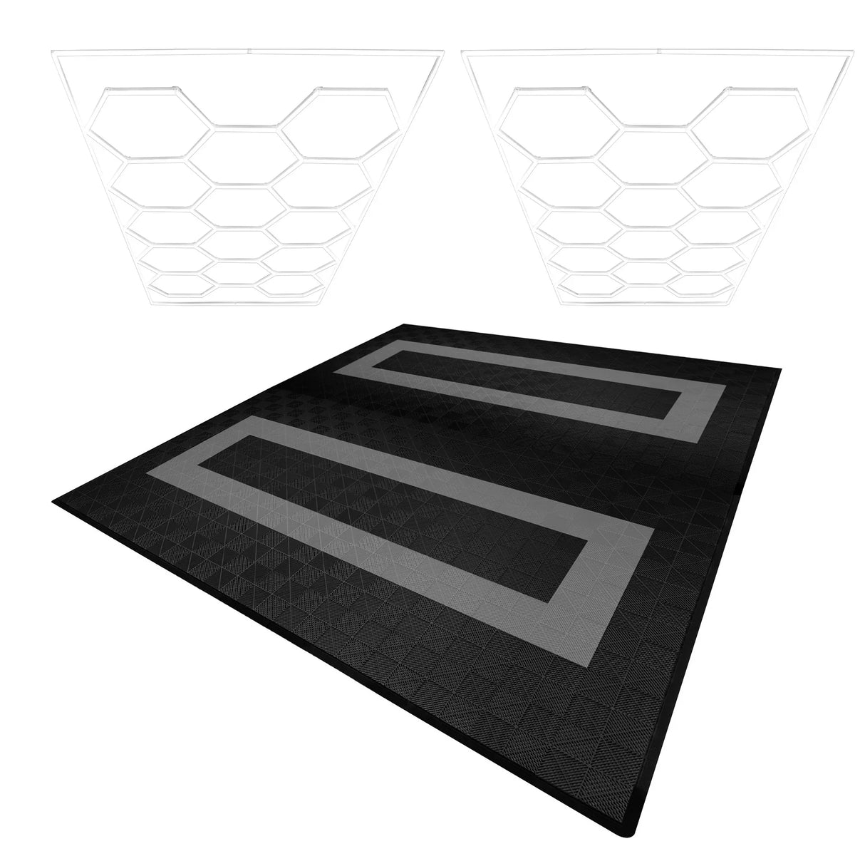 Hexagon LED lights in white above black and grey vented garage floor tiles with textured patterns and edge detailing