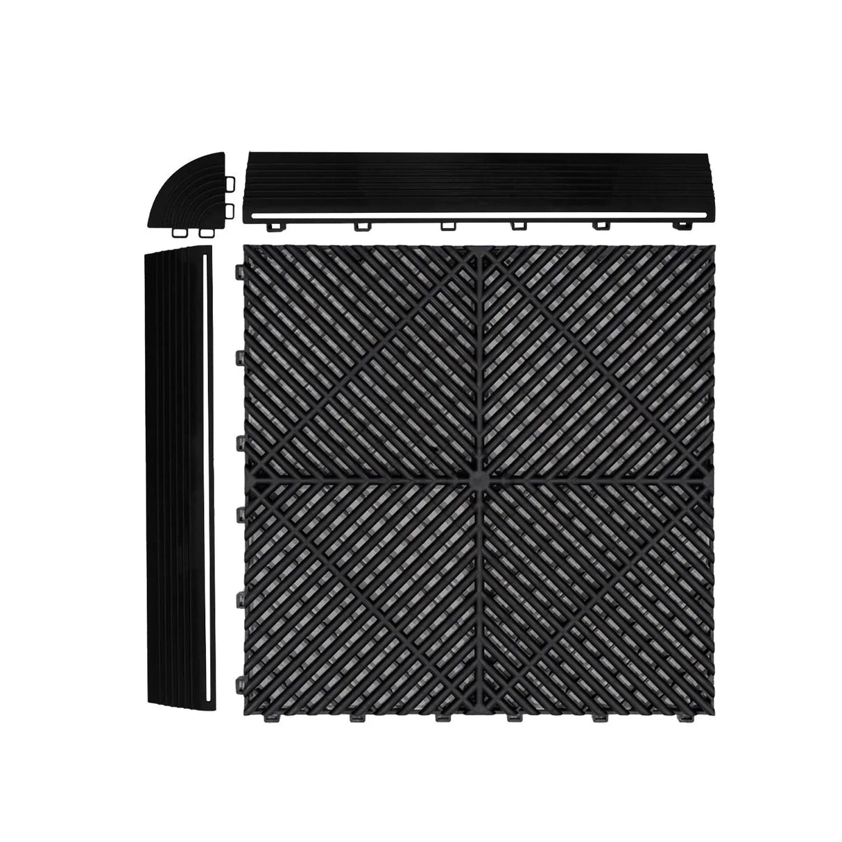 Hexagon LED lights in black and grey vented garage floor tiles, featuring textured surfaces and interlocking edges for easy installation