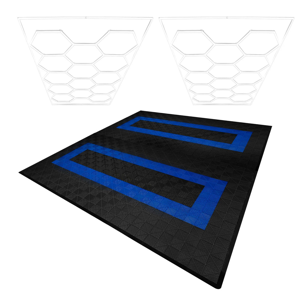 Hexagon LED lights in white above black vented garage floor tiles with blue edges, showcasing a modern and stylish design