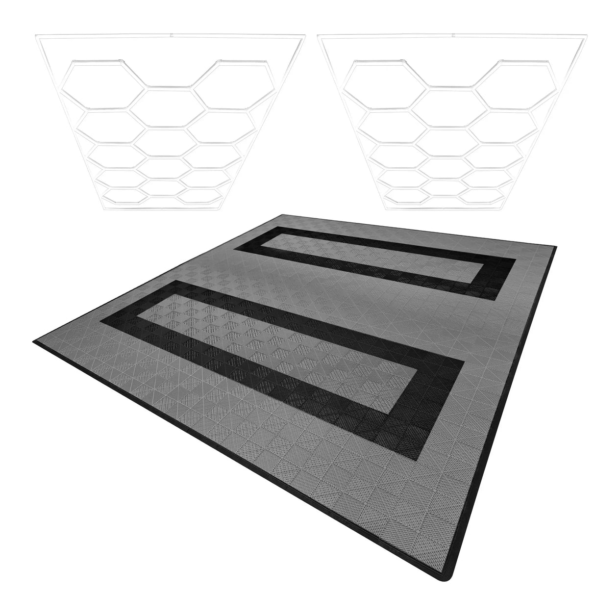 Hexagon LED lights in white above grey and black vented garage floor tiles with textured patterns and edge detailing