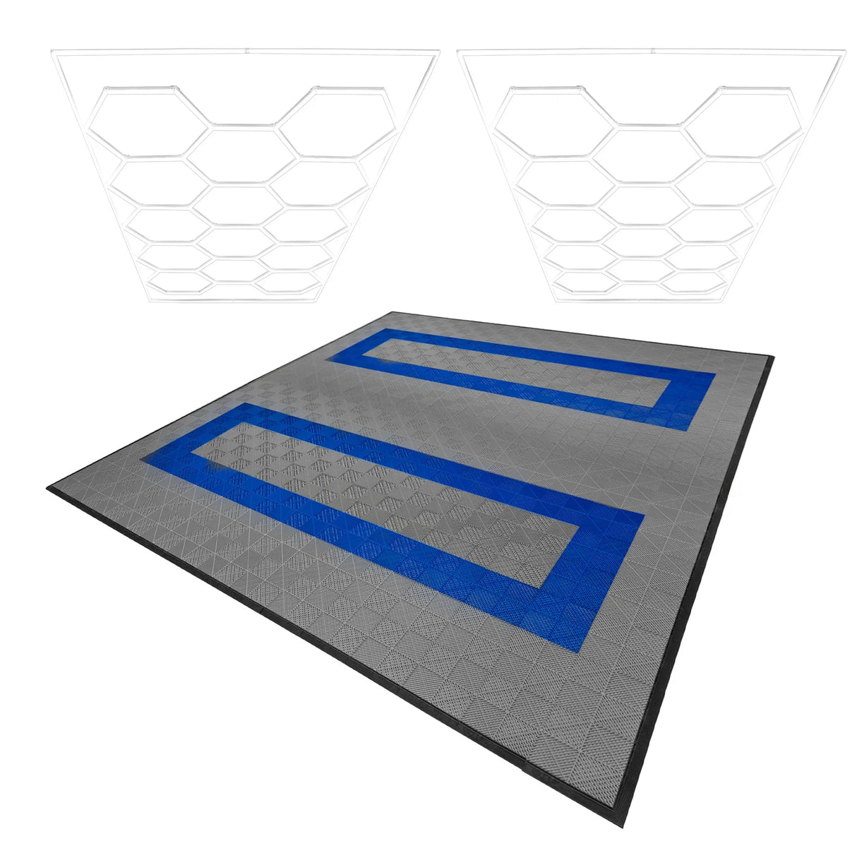 Hexagon LED lights in white paired with grey and blue vented garage floor tiles, featuring a textured surface and edge detailing