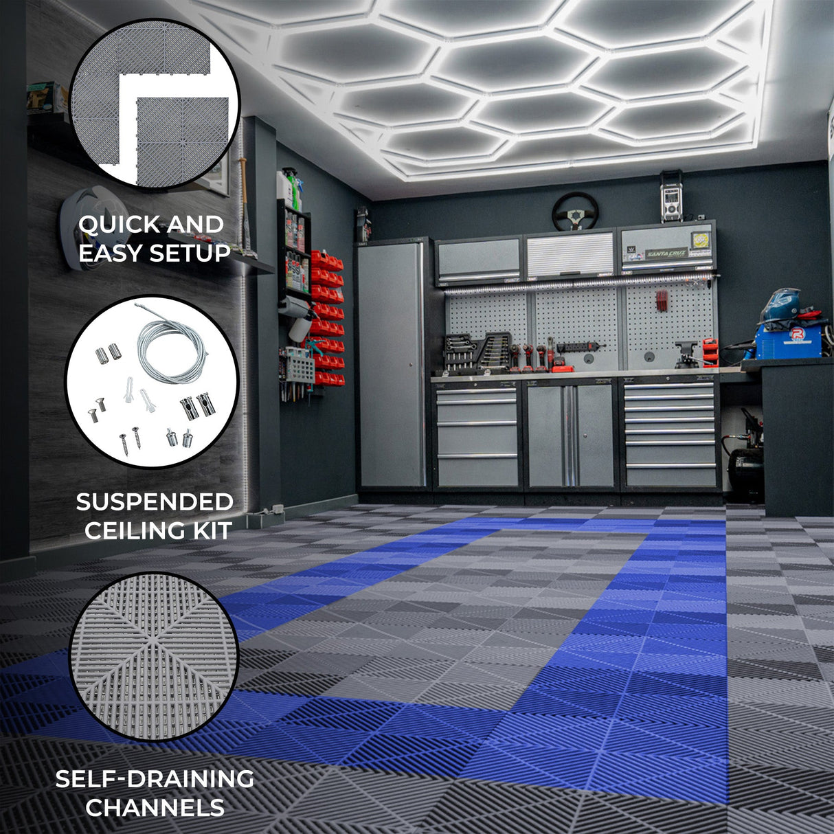 Hexagon LED Lights x 2 & Vented Garage Floor Tiles With Edges - 165 Grey & 60 Blue