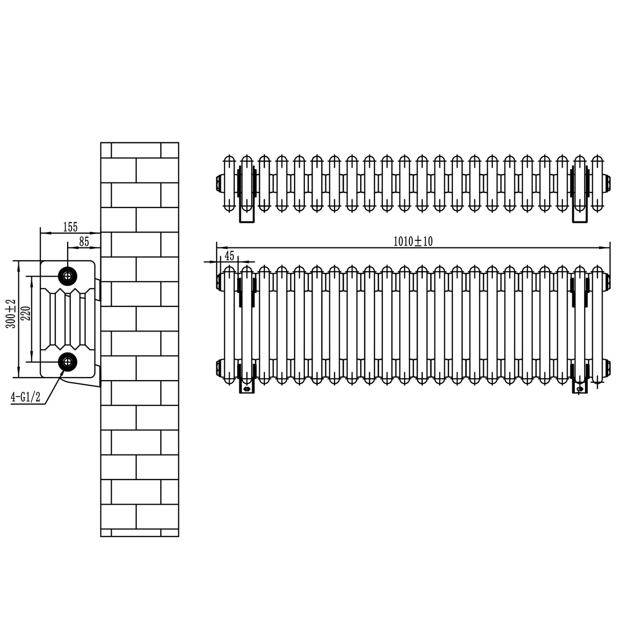 Traditional 4 column radiator in white, featuring a sleek design with precise dimensions of 300 x 1010mm, ideal for classic interiors