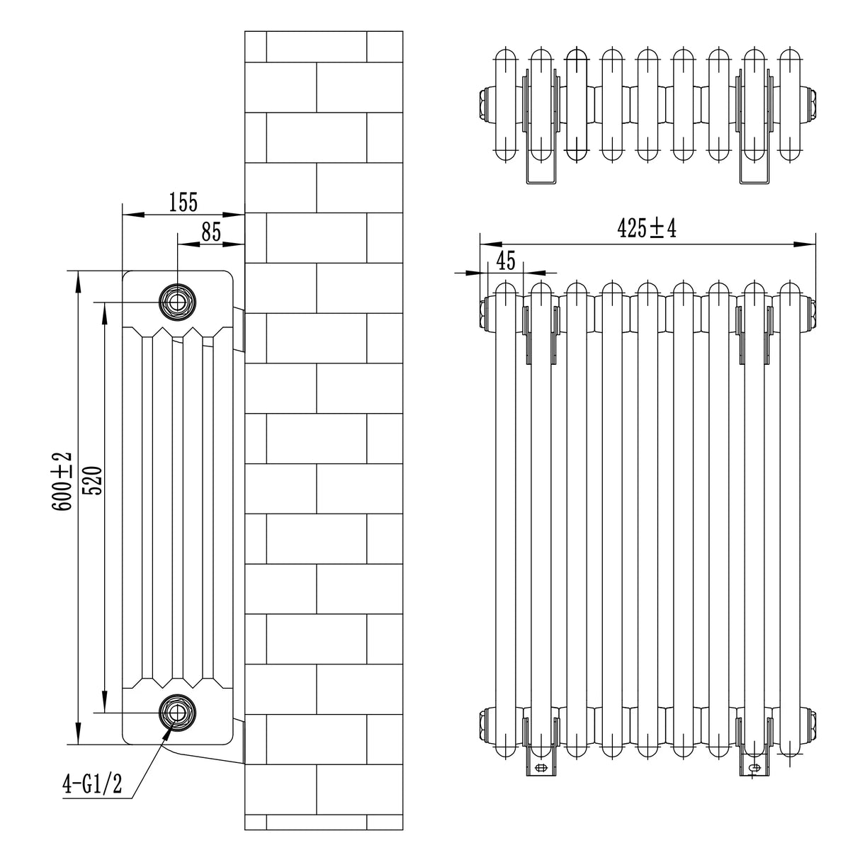 Traditional 4 column radiator in white, dimensions 600 x 425mm, featuring a sleek design with detailed vertical grooves and mounting points