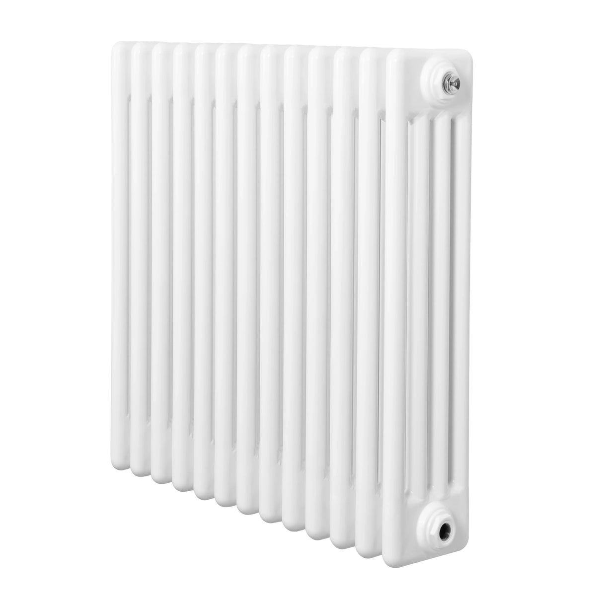 Traditional white 4 column radiator, 600 x 605mm, featuring a smooth, glossy finish and vertical slats for efficient heating