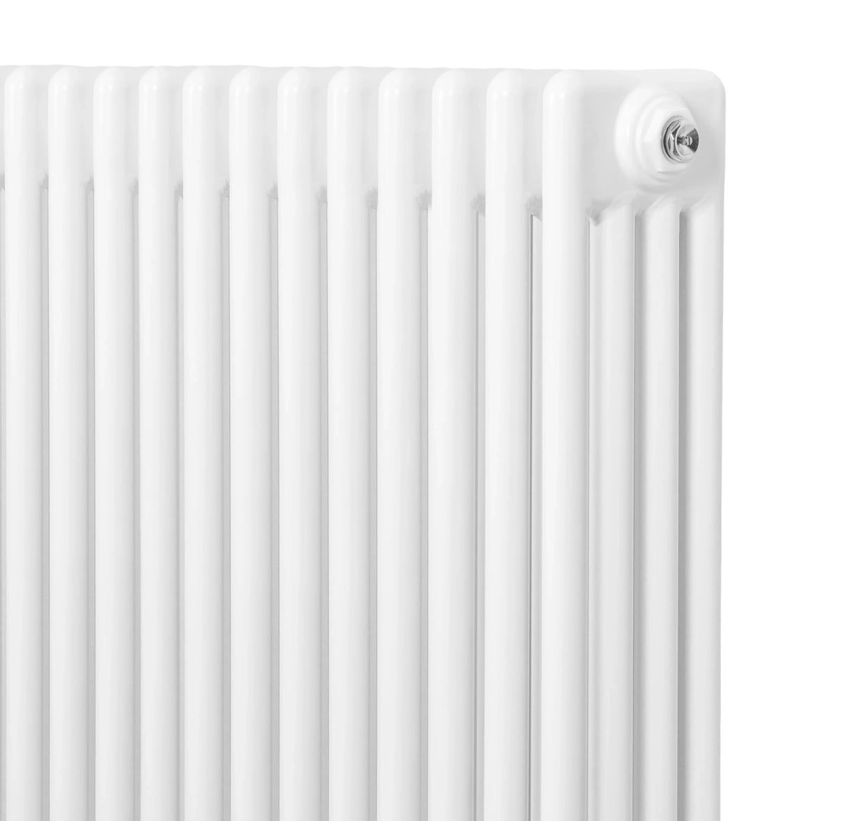 Traditional 4 column radiator in sleek white finish, measuring 600 x 605mm, showcasing smooth, vertical lines and a classic design