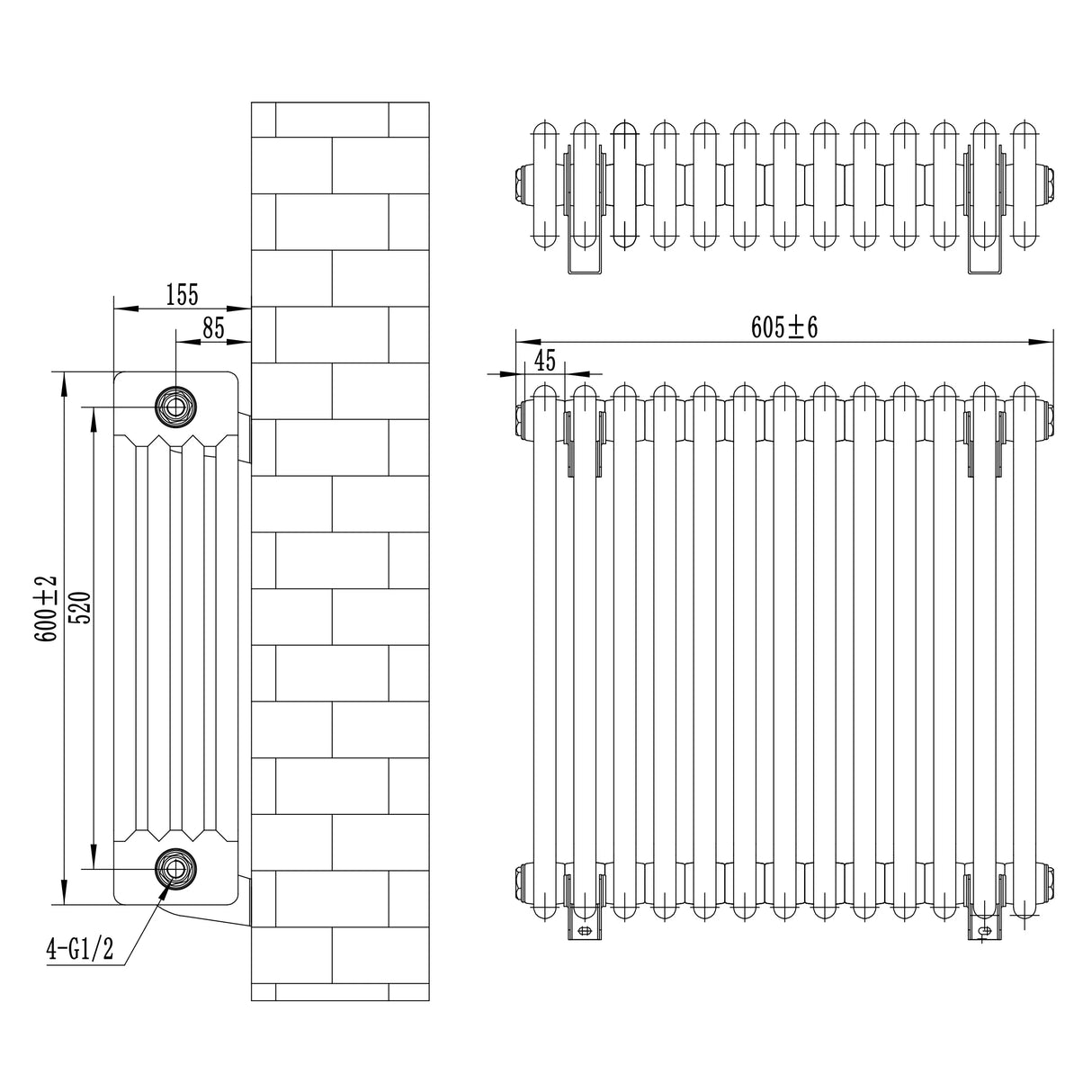 Traditional white 4 column radiator with dimensions 600 x 605mm, featuring a classic design and smooth, glossy finish