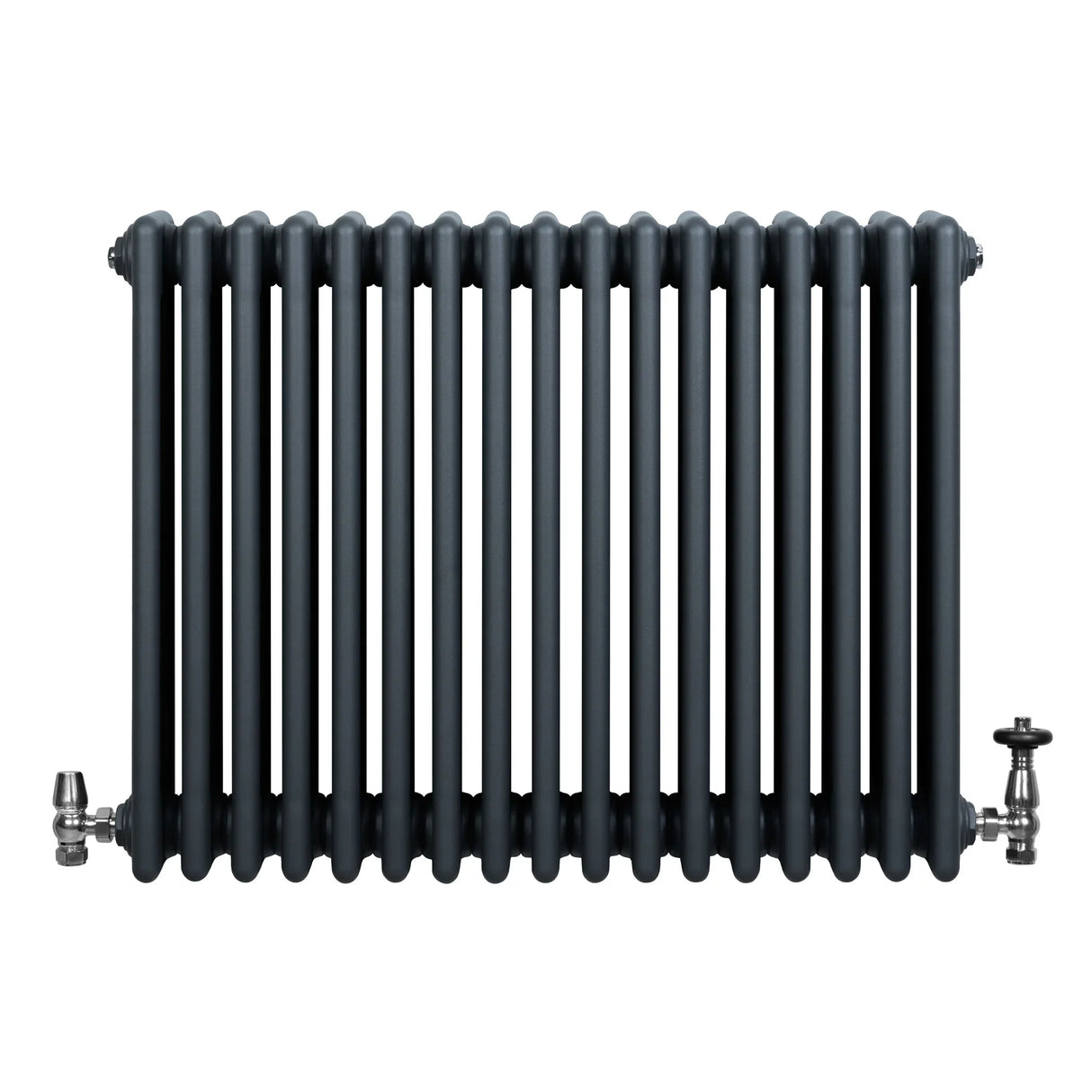 Traditional anthracite grey 4 column radiator with a sleek, ribbed design and polished valves, measuring 600 x 785mm