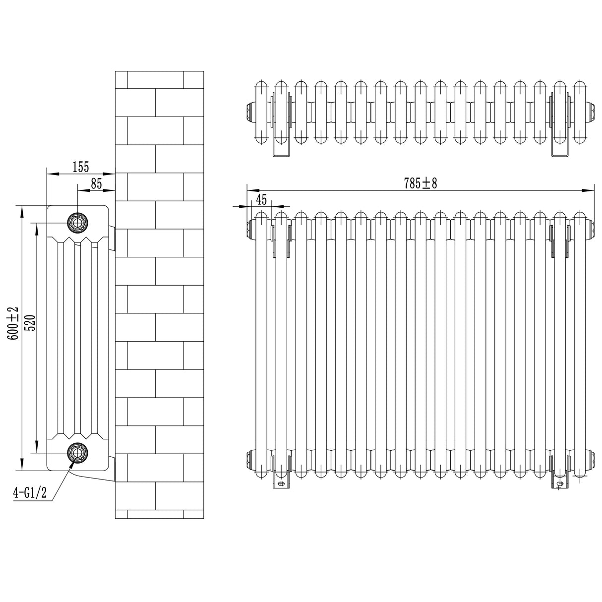 Traditional 4 column radiator in white, measuring 600 x 785mm, showcasing detailed dimensions and a classic design suitable for various interiors