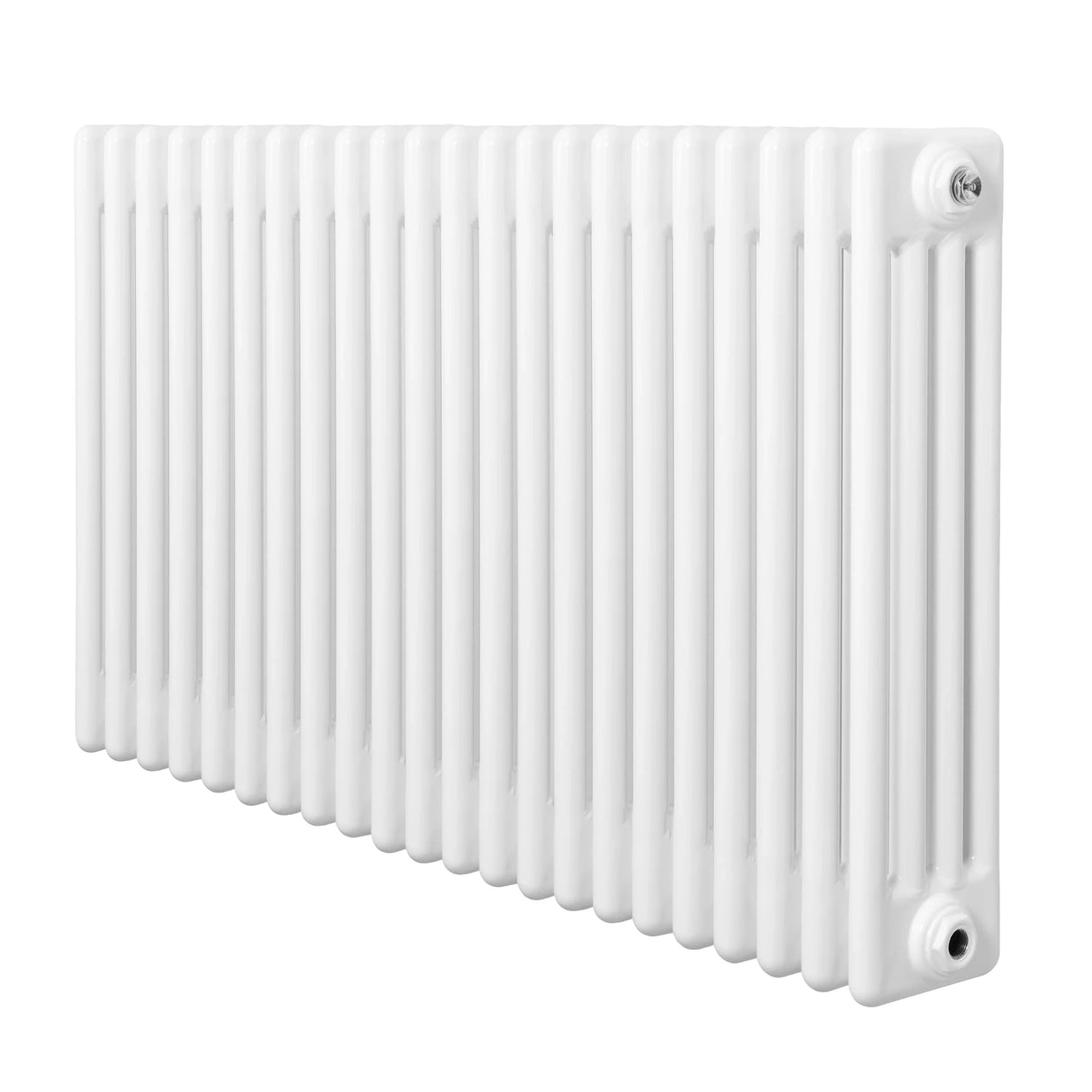 Traditional 4 column radiator in sleek white finish, measuring 600 x 1010mm, featuring smooth, glossy surface and classic design