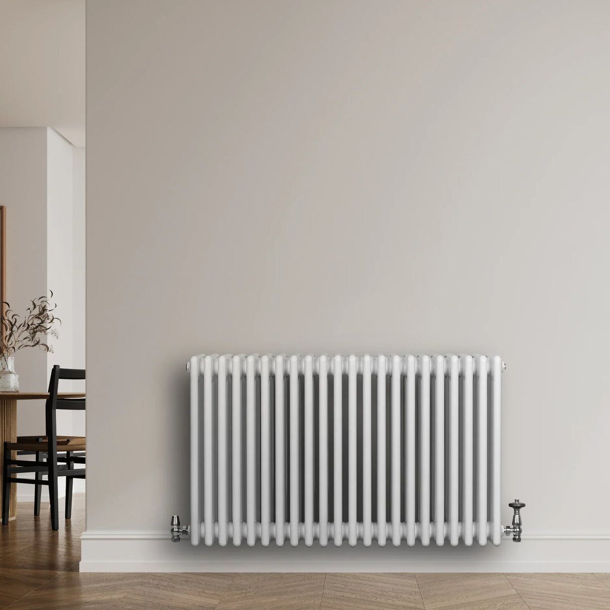 Traditional white 4 column radiator, 600 x 1010mm, featuring a sleek design with smooth, glossy finish, mounted on a light wall