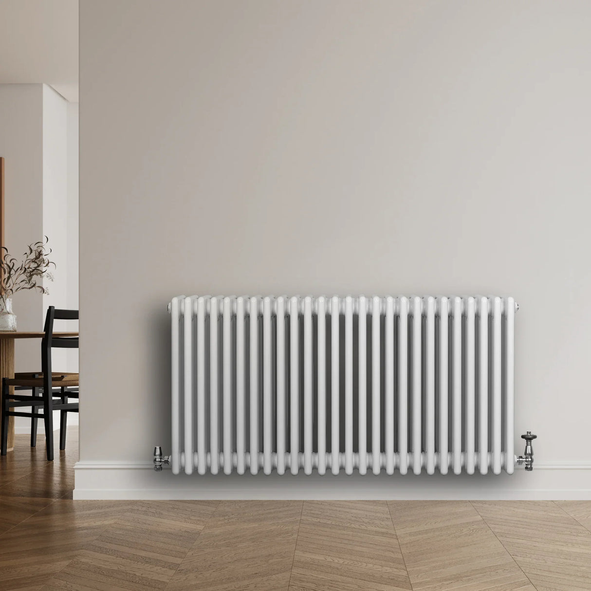 Traditional 4 column radiator in white, 600 x 1190mm, featuring a sleek design with smooth, glossy finish against a modern interior backdrop