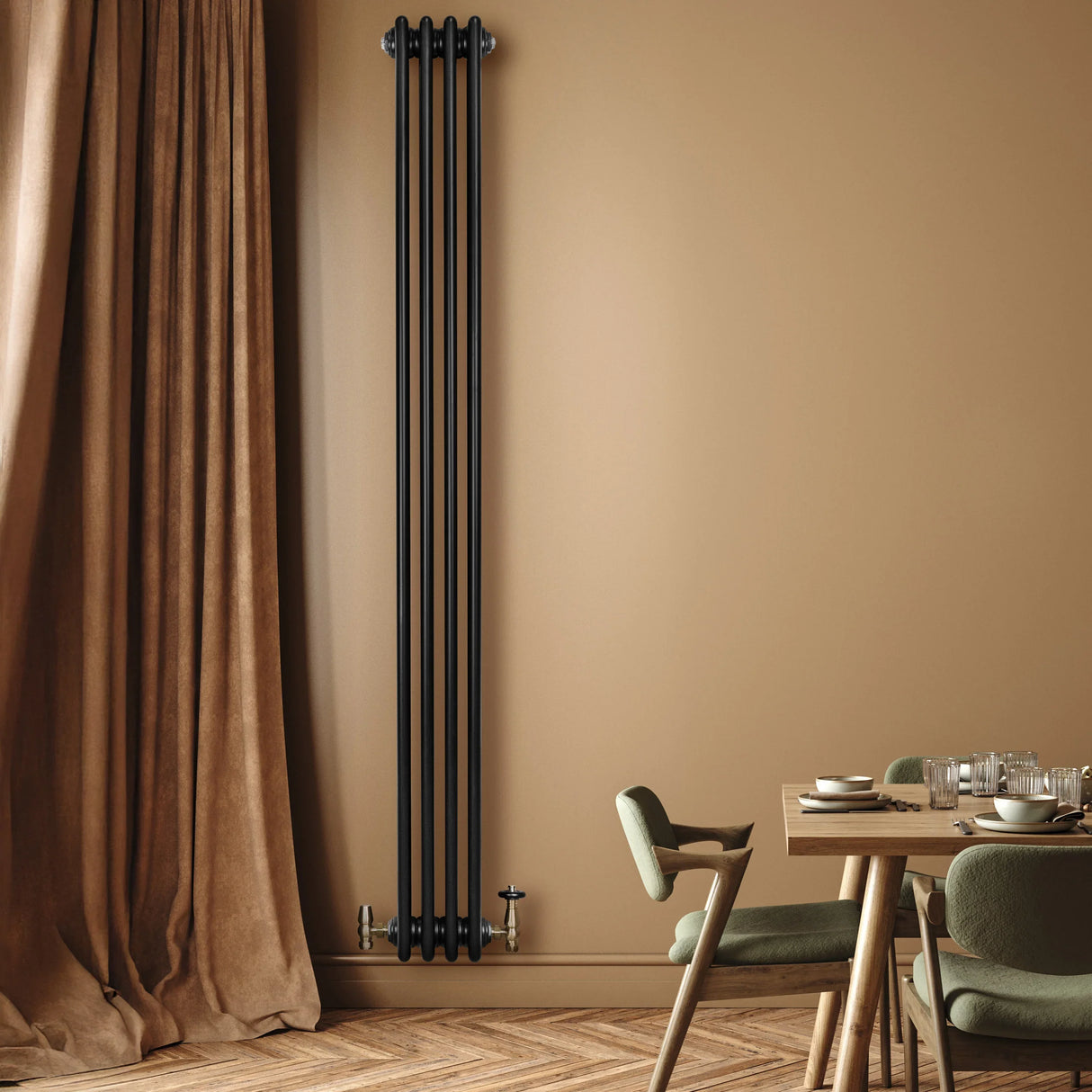 Traditional black 4 column radiator, 1800 x 200mm, mounted on a warm-toned wall, complementing a stylish dining area with green chairs
