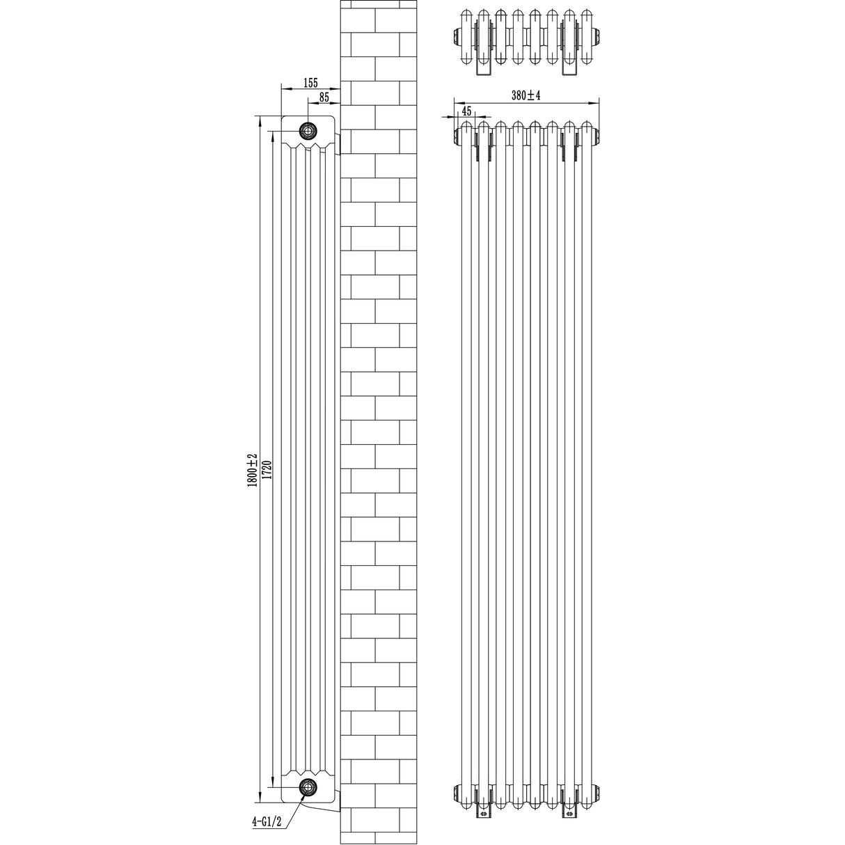 Traditional 4 column radiator in anthracite grey, measuring 1800 x 380mm, featuring a sleek, vertical design with detailed dimensions