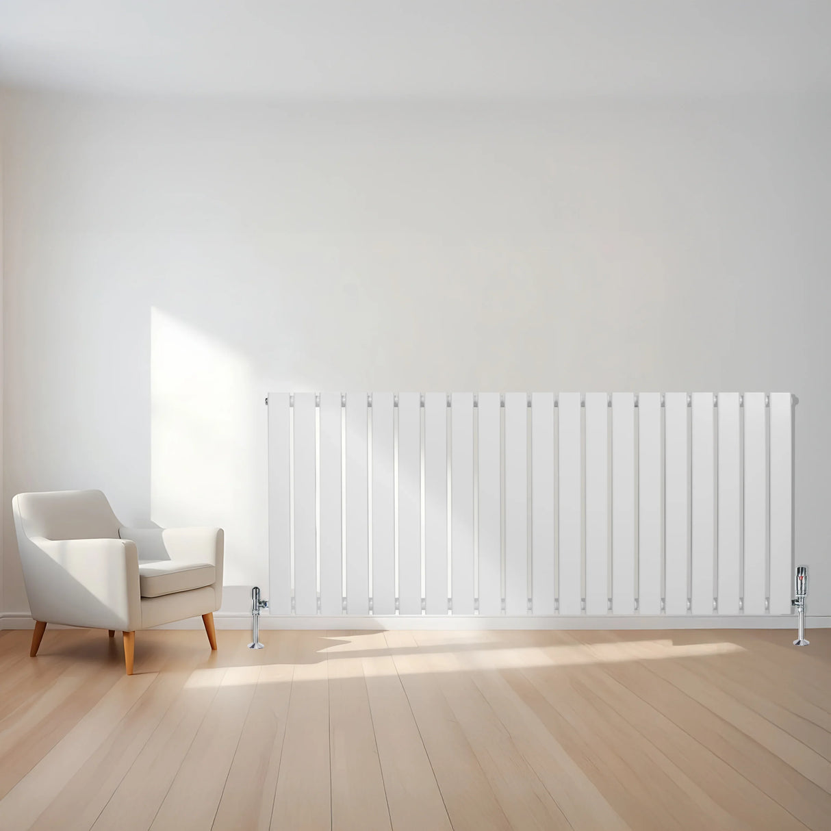 Flat white single column radiator, 600 x 1400mm, sleek design with vertical slats, positioned against a light wall and wooden floor