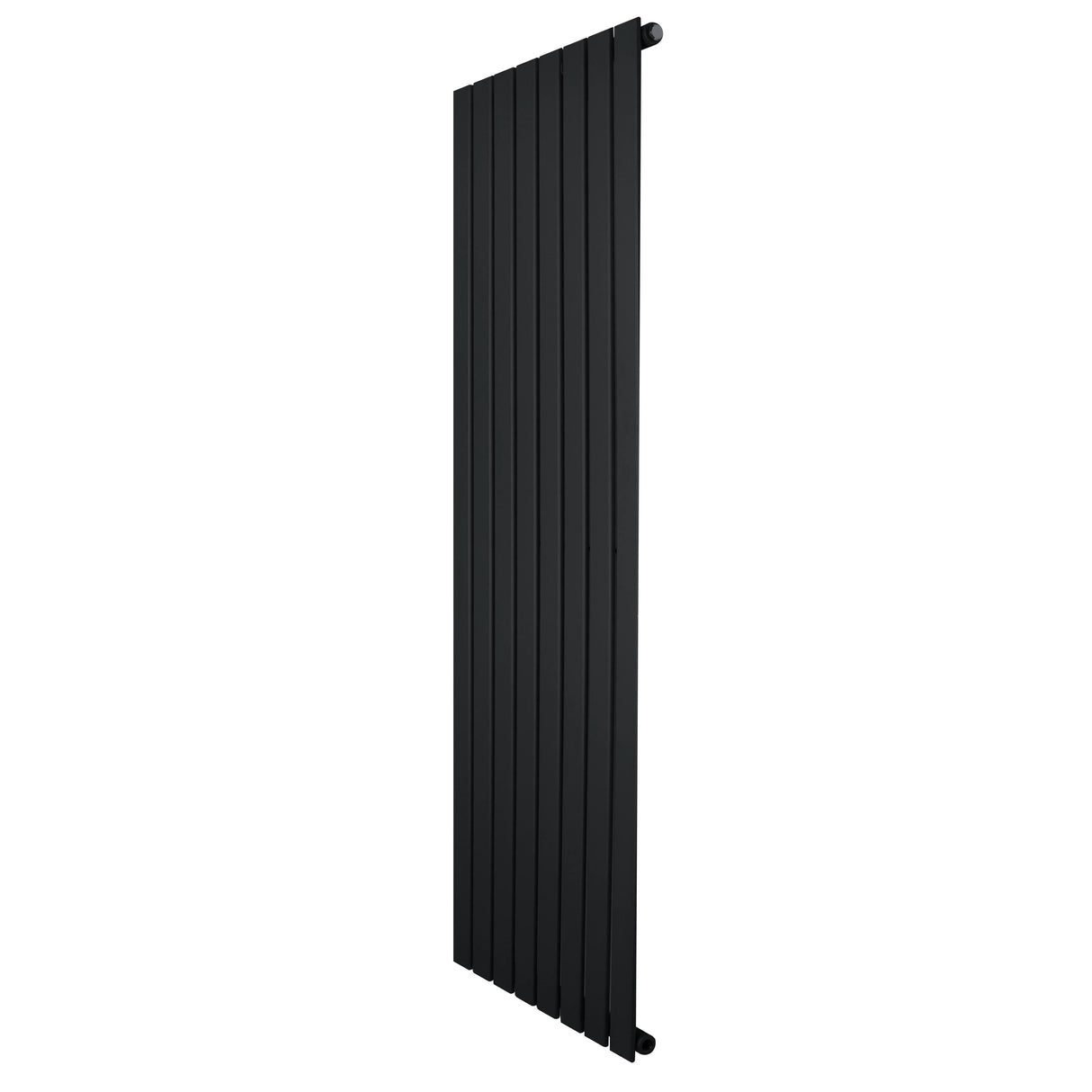 Flat single column radiator in sleek black finish, measuring 1600 x 560mm, featuring vertical slats for modern heating design
