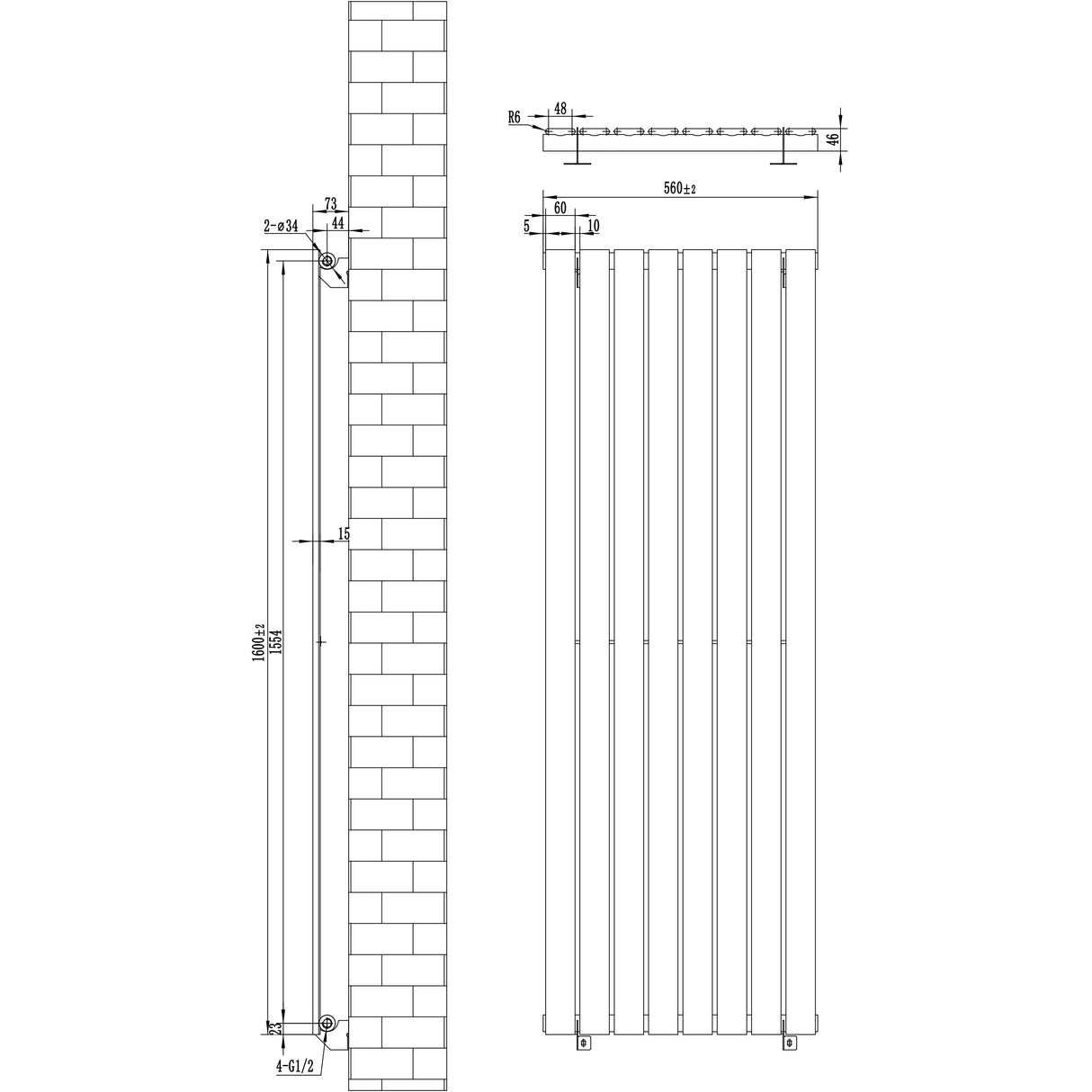 Flat single column radiator in black, measuring 1600 x 560mm, featuring a sleek design with vertical lines and a smooth finish