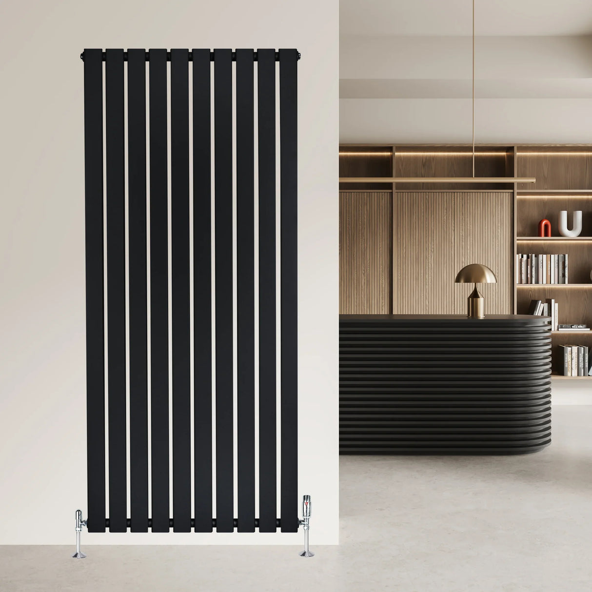 Sleek black flat single column radiator, 1600 x 700mm, featuring vertical slats, mounted on a light wall in a modern interior setting