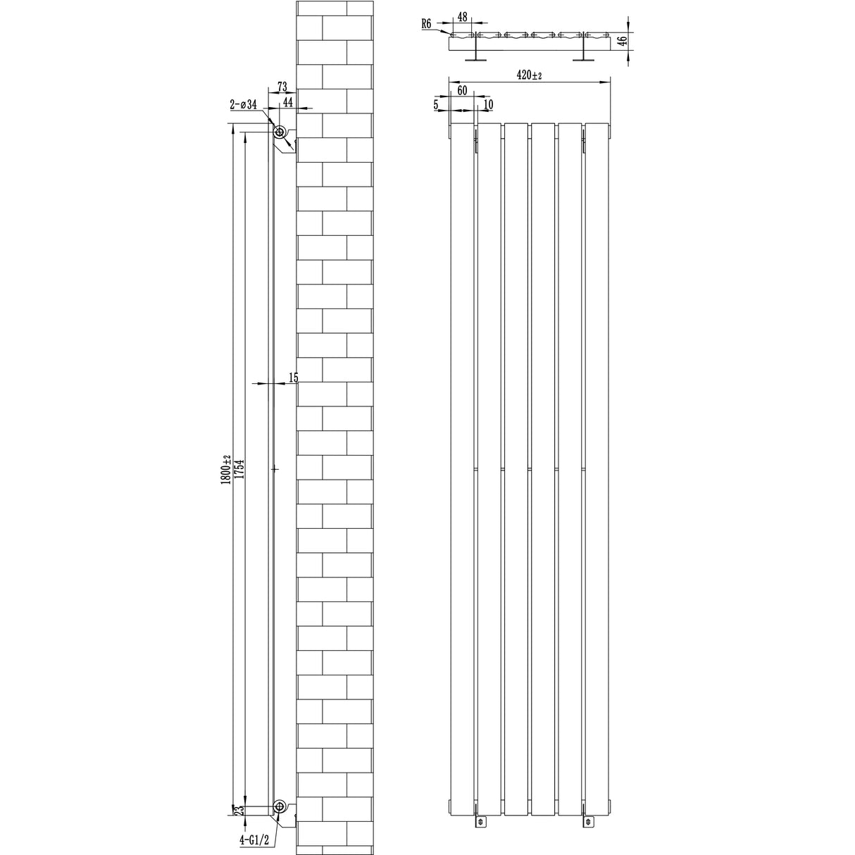 Flat single column radiator in anthracite grey, measuring 1800 x 420mm, featuring a sleek, modern design with vertical lines and a smooth finish