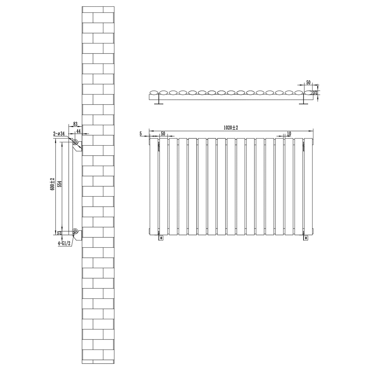 White oval single column radiator, 600 x 1020mm, featuring a sleek design with smooth lines and detailed dimensions for installation