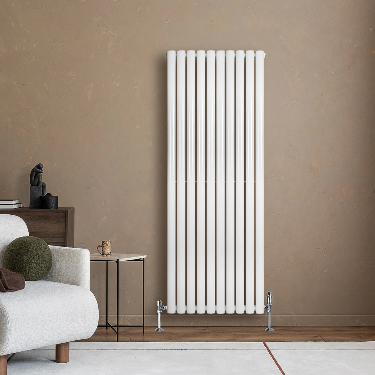Sleek white oval single column radiator, 1600 x 600mm, mounted on a textured wall, complementing modern living room decor