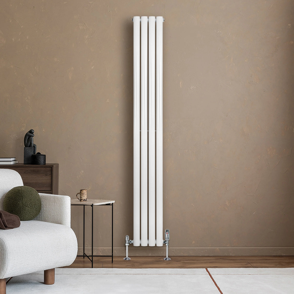 Sleek white oval single column radiator, 1800 x 240mm, mounted on a textured wall, complementing modern living room decor