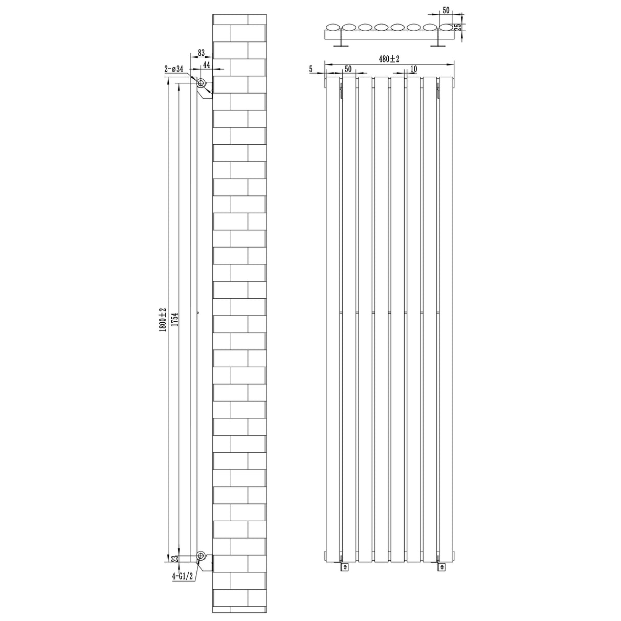 Oval single column radiator in anthracite grey, measuring 1800 x 480mm, featuring a sleek, modern design with vertical bars