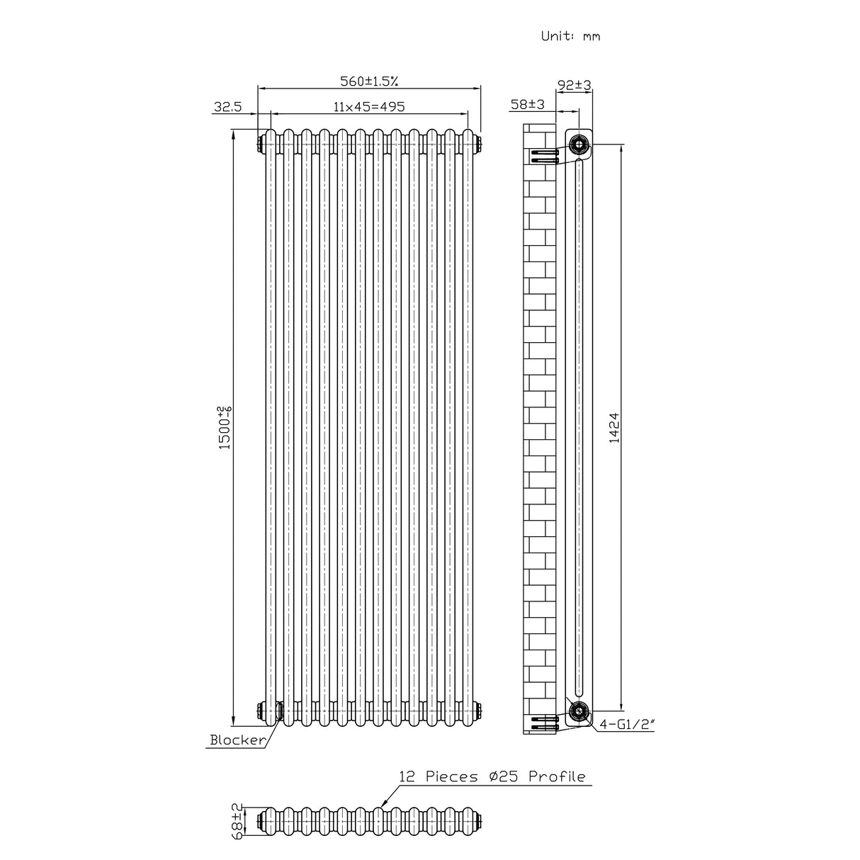 Traditional 2 Column Radiator - 1500 x 560mm - Raw Metal