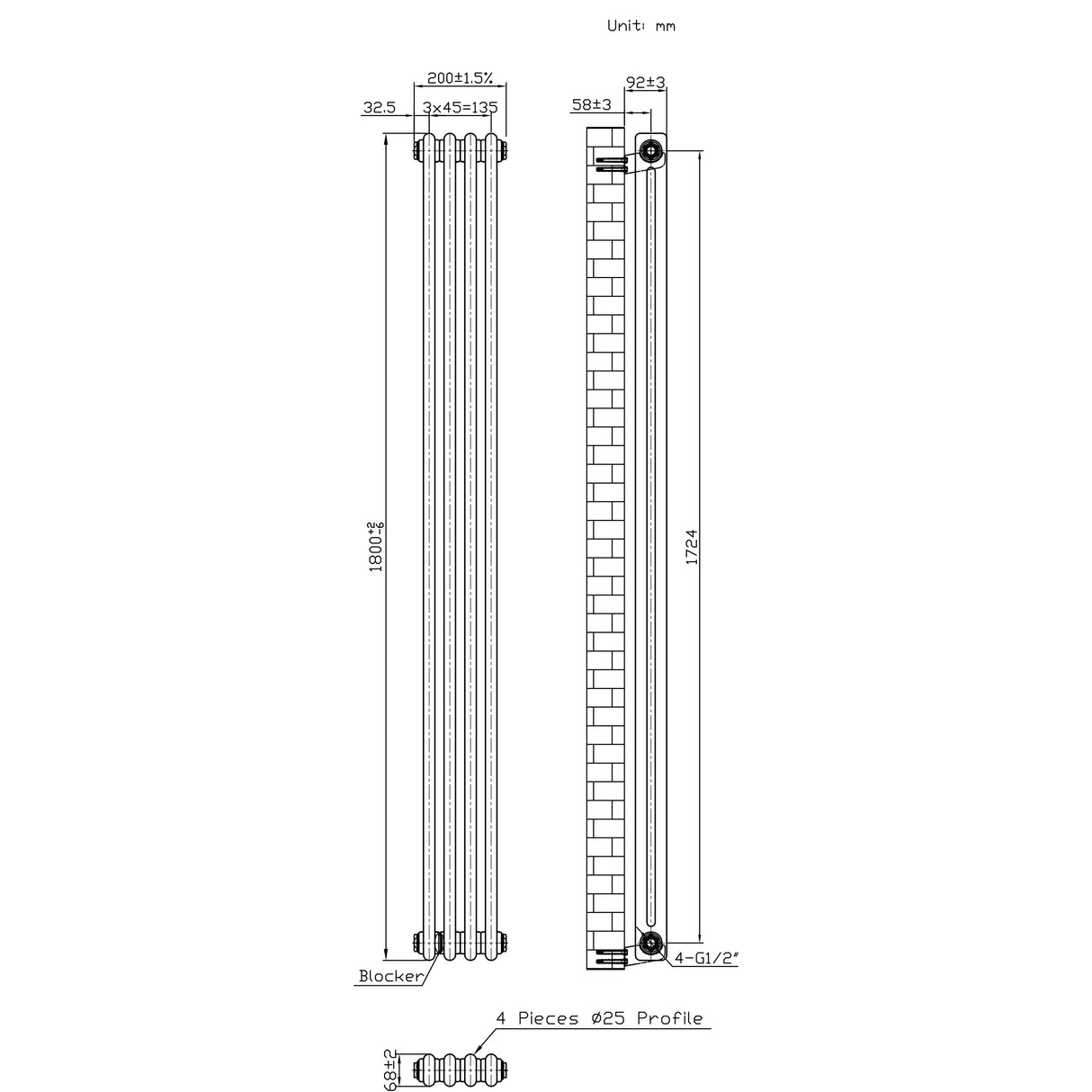 Traditional 2 Column Radiator - 1800 x 200mm - Raw Metal