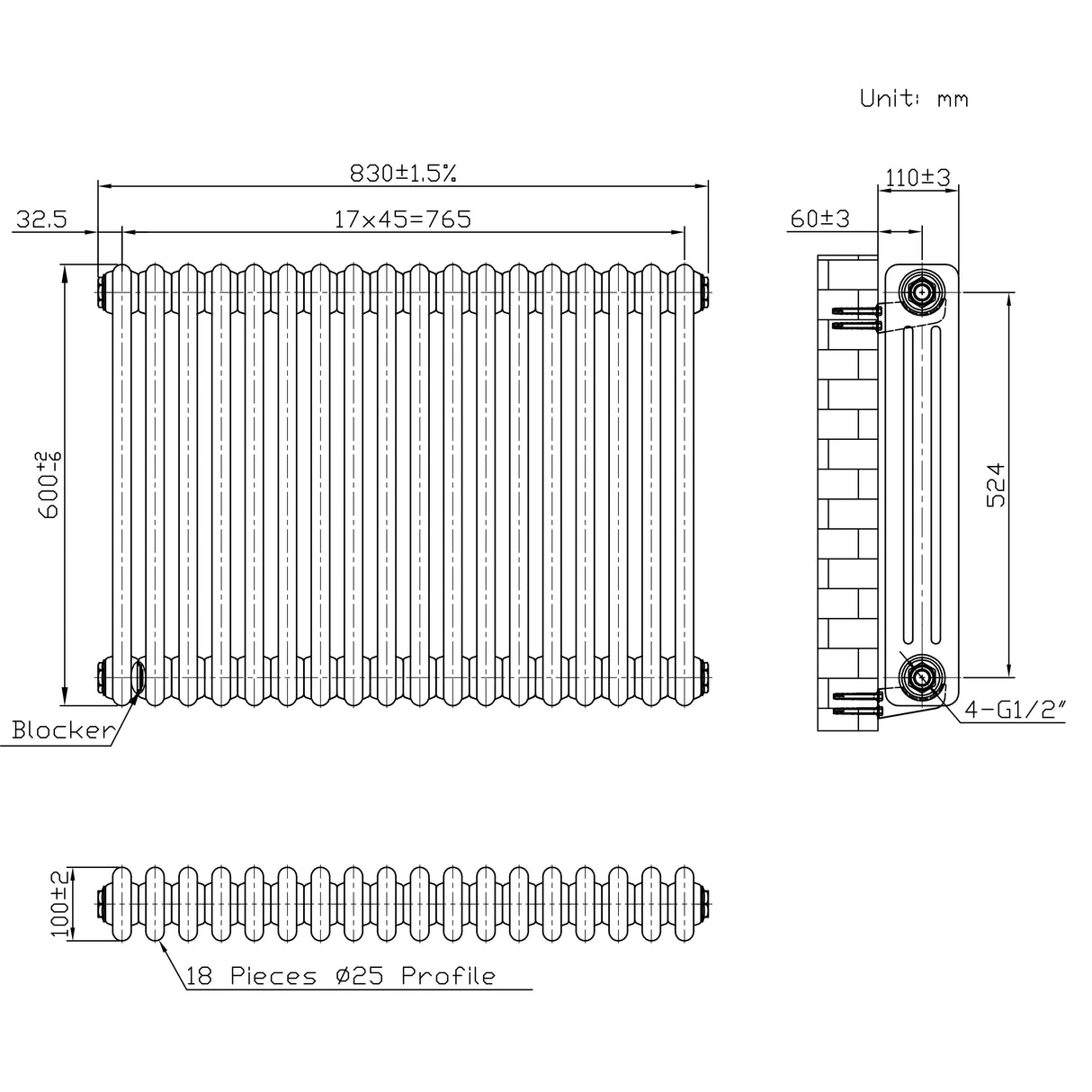 Traditional 3 Column Radiator - 600 x 830mm - Raw Metal