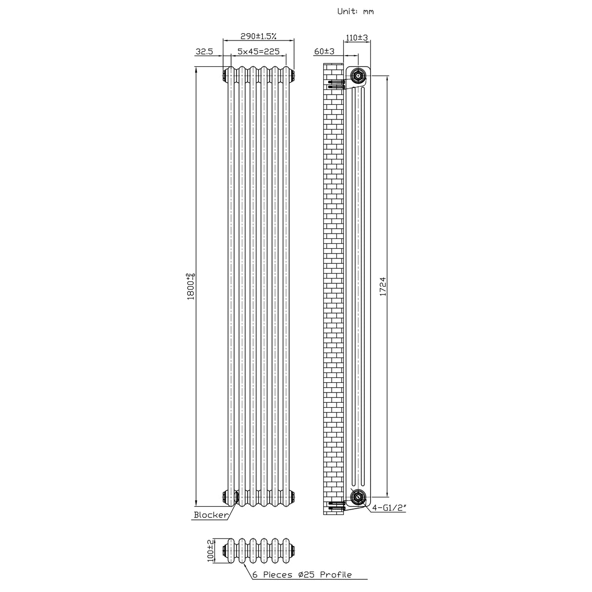 Traditional 3 Column Radiator - 1800 x 290mm - Raw Metal