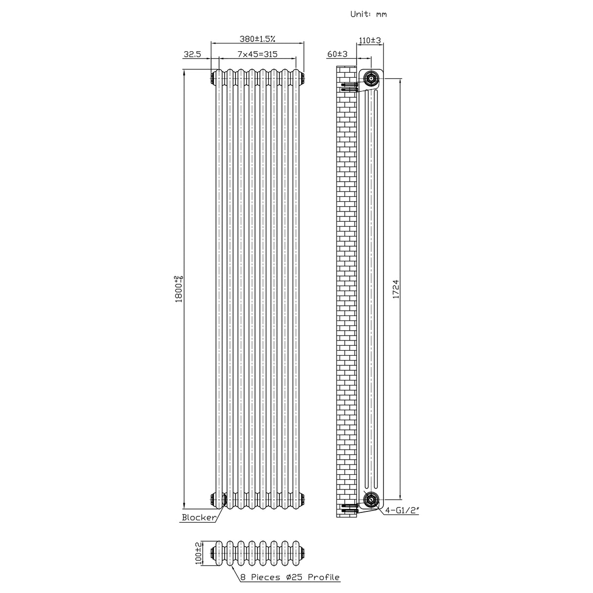 Traditional 3 Column Radiator - 1800 x 380mm - Raw Metal