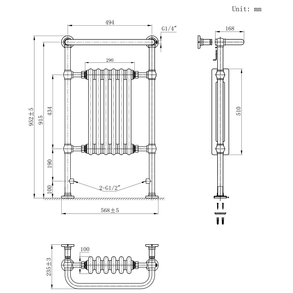 Traditional Heated Towel Rail Radiator – 950mm x 570mm – Anthracite Grey