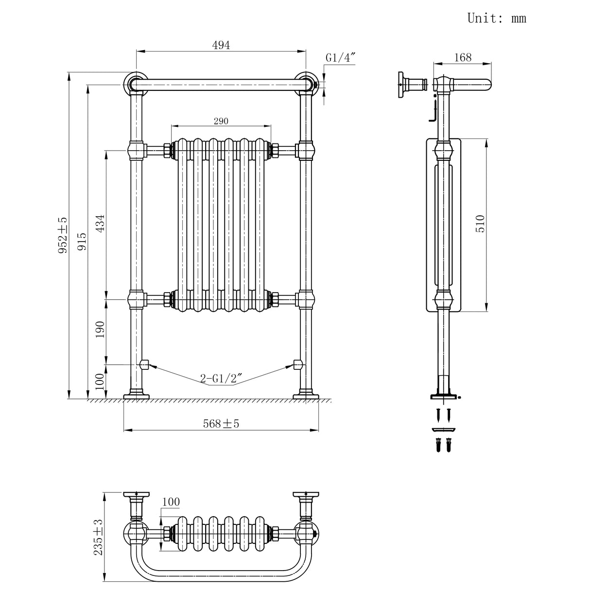 Traditional Heated Towel Rail Radiator – 950mm x 570mm – Anthracite Grey