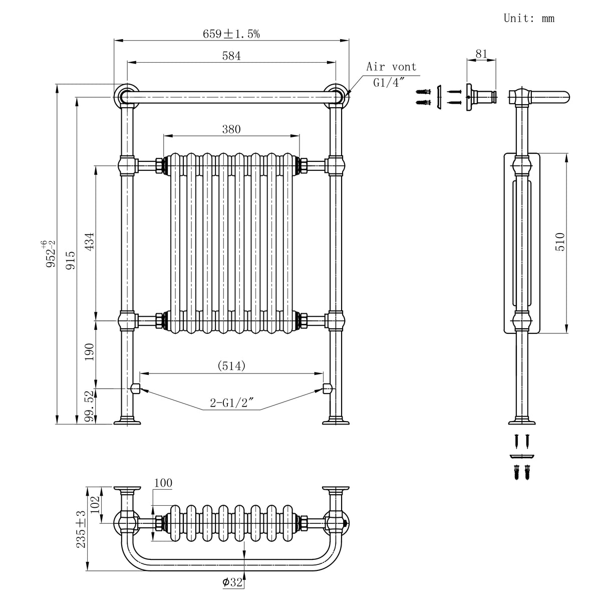 Traditional Heated Towel Rail Radiator – 950mm x 660mm – Anthracite Grey