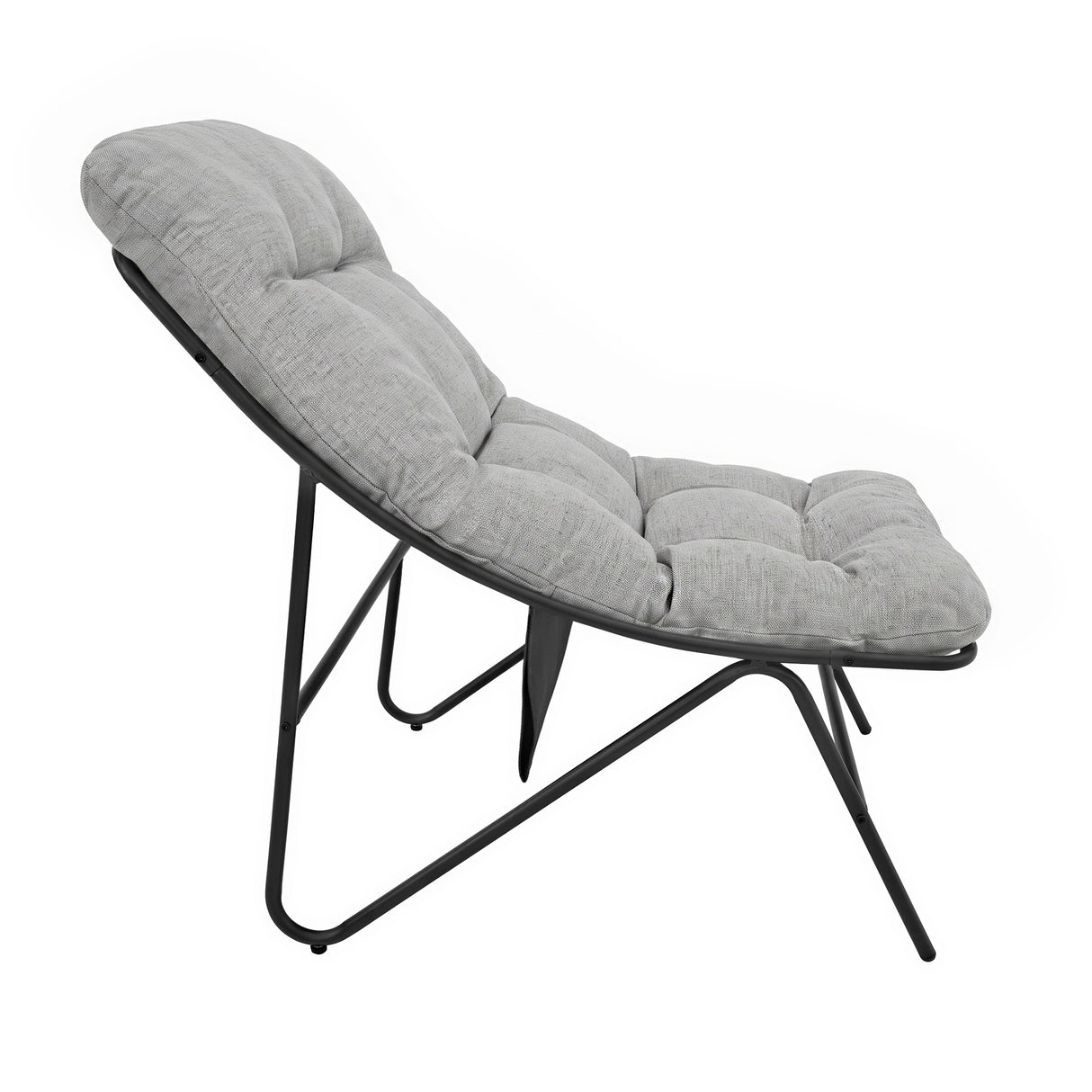 Stylish grey bistro chair with tufted upholstery and sleek metal legs, perfect for outdoor dining or relaxation in small spaces