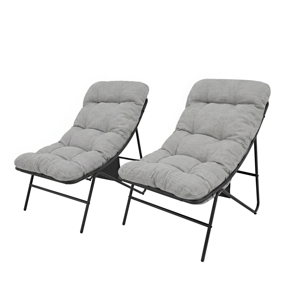 Two grey cushioned lounge chairs with black metal frames, featuring a modern design and soft, textured upholstery for comfort