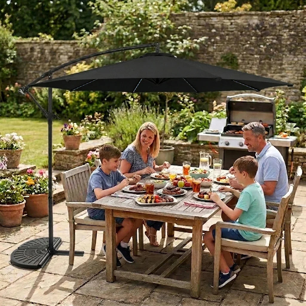 LED Cantilever Parasol 3m With Half Fan Base – Black