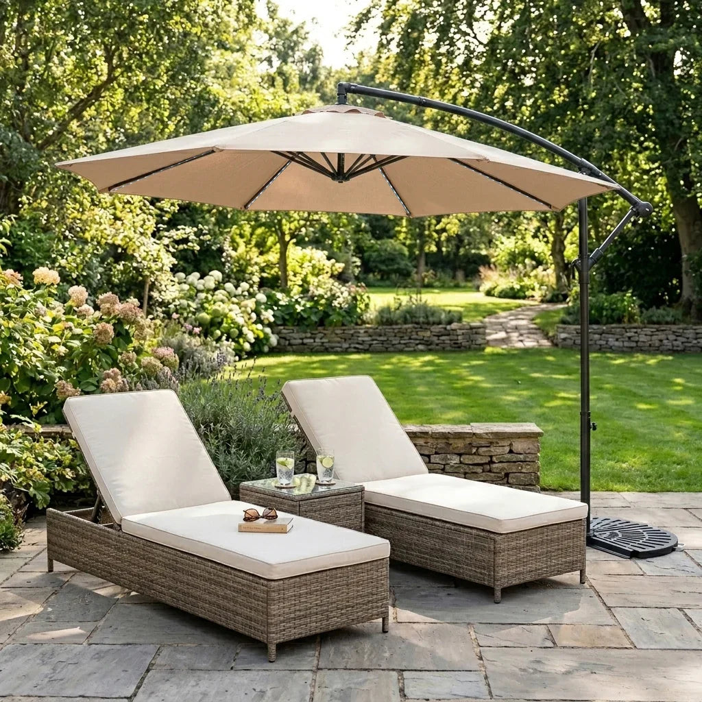 LED Cantilever Parasol 3m With Half Fan Base – Beige