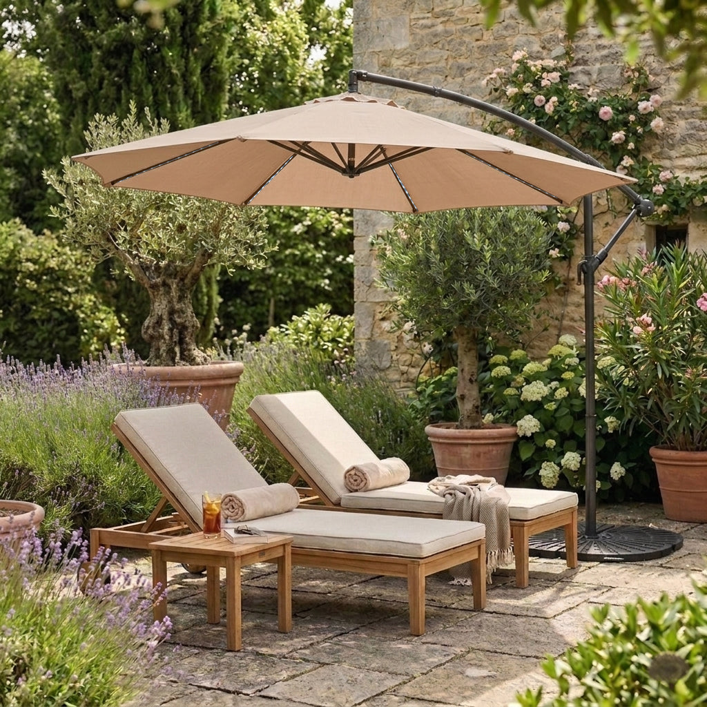 LED Cantilever Parasol 3m With Full Fan Base – Beige