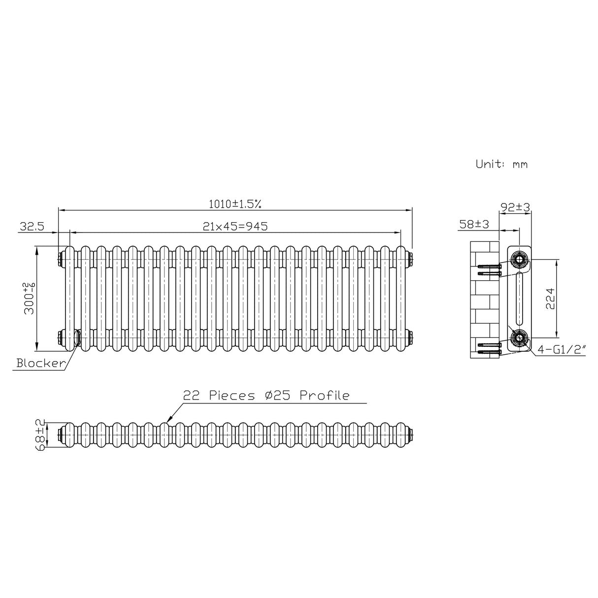 Traditional 2 Column Radiator & Valves – 300mm x 1010mm - Raw Metal