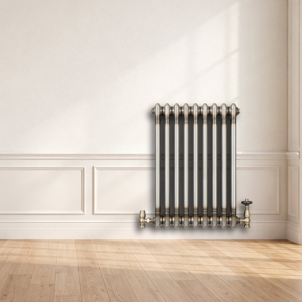 Traditional 2 Column Radiator & Valves - 600 x 425mm - Raw Metal