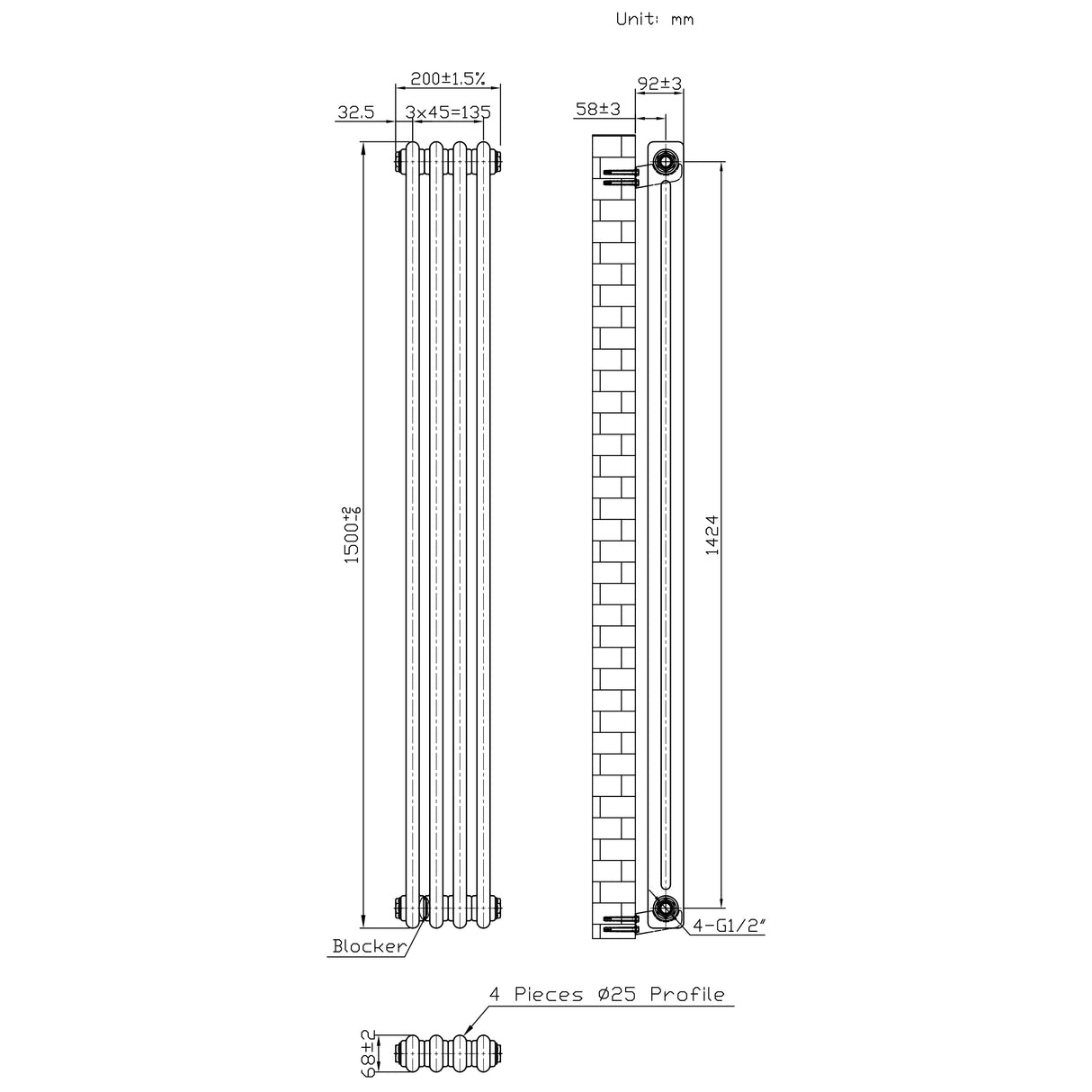 Traditional 2 Column Radiator & Valves - 1500 x 200mm - Raw Metal