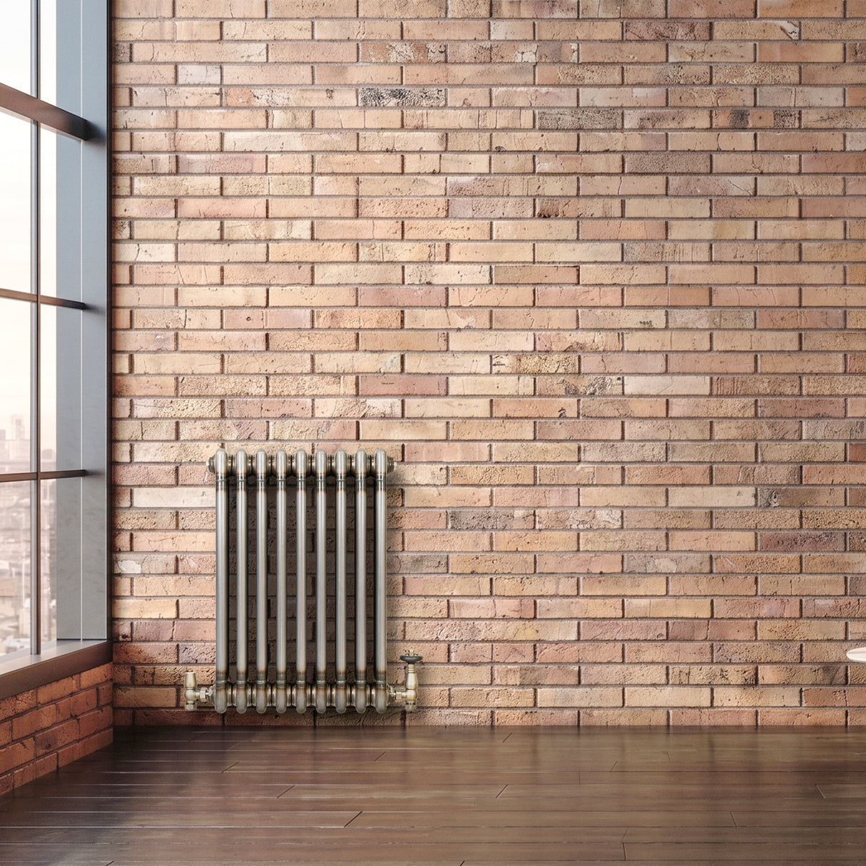 Traditional 3 Column Radiator & Valves - 600mm x 425mm - Raw Metal