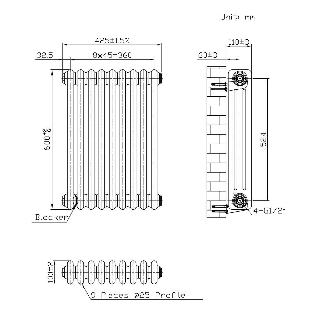 Traditional 3 Column Radiator & Valves - 600mm x 425mm - Raw Metal