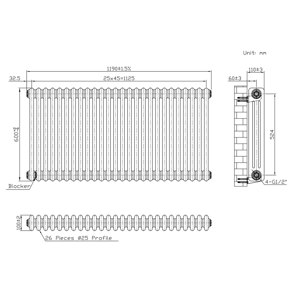 Traditional 3 Column Radiator & Valves – 600mm x 1190mm - Raw Metal