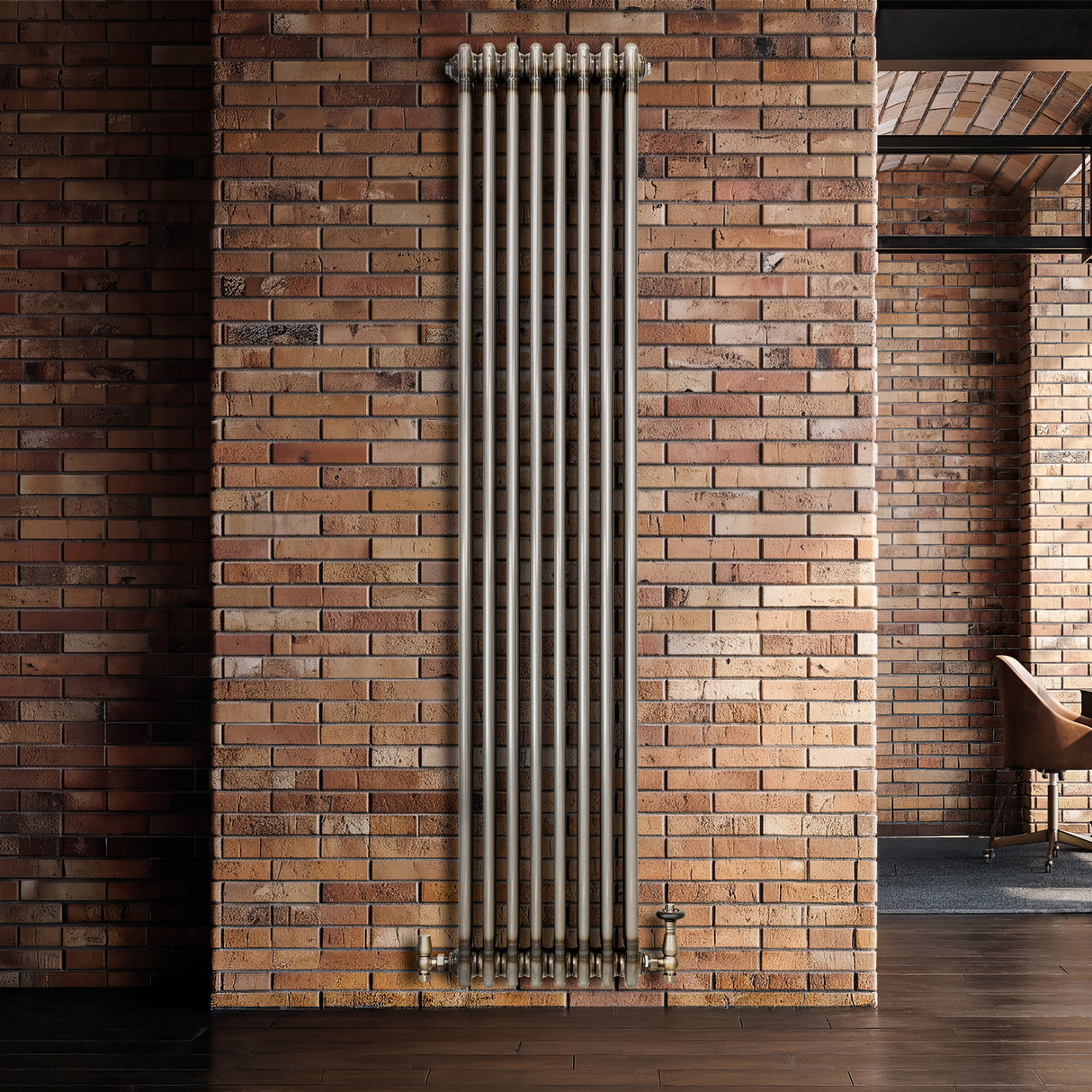 Traditional 3 Column Radiator & Valves – 1800mm x 380mm - Raw Metal