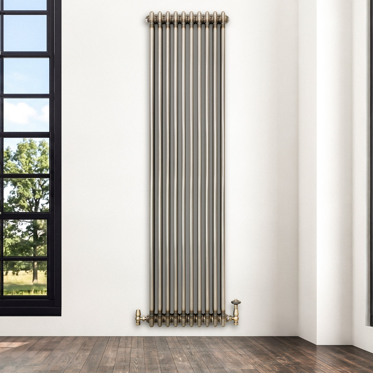 Traditional 3 Column Radiator & Valves - 1800 x 470mm - Raw Metal