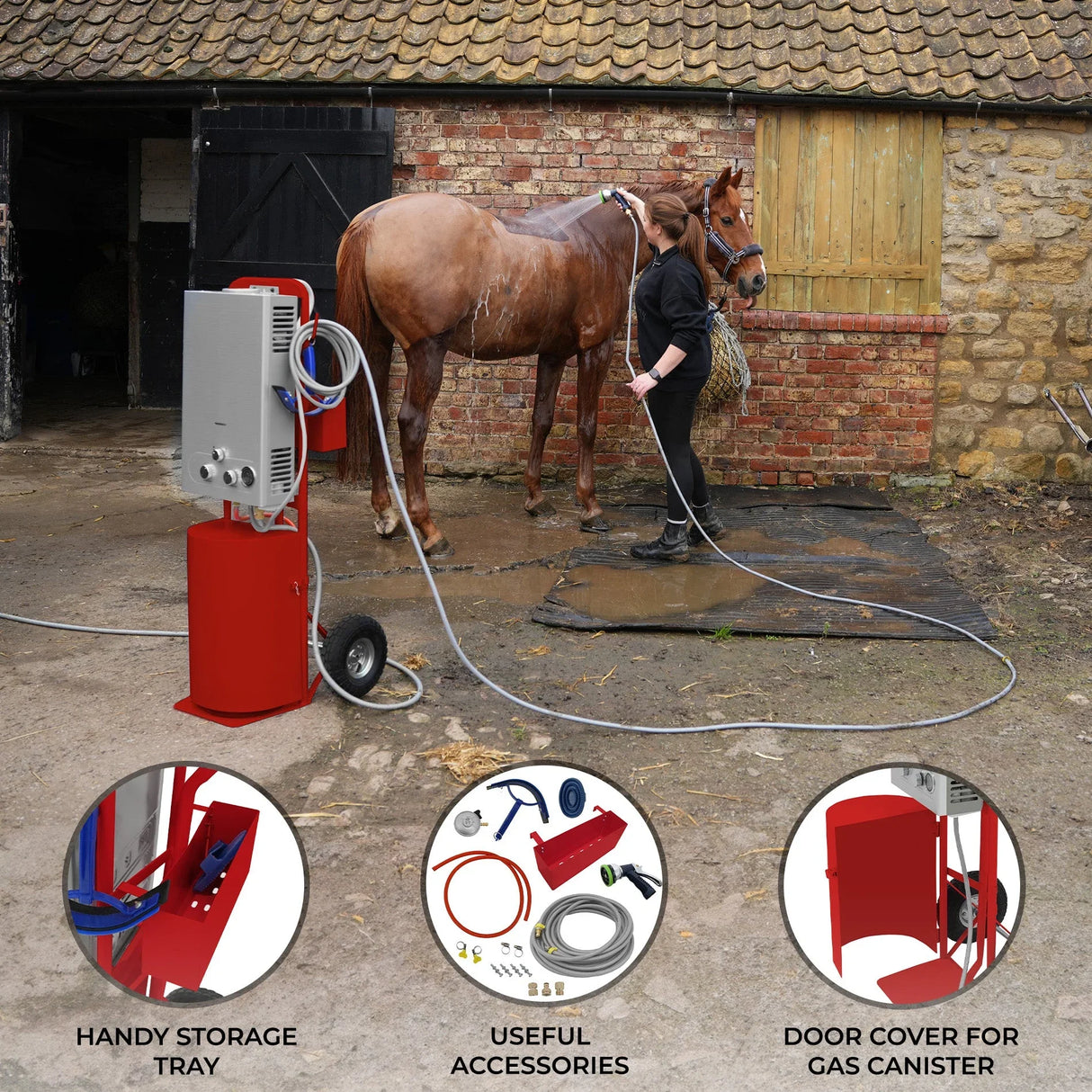 Deluxe Portable Horse Shower in red with a storage tray, hoses, and accessories, used to wash a horse outdoors near a stable